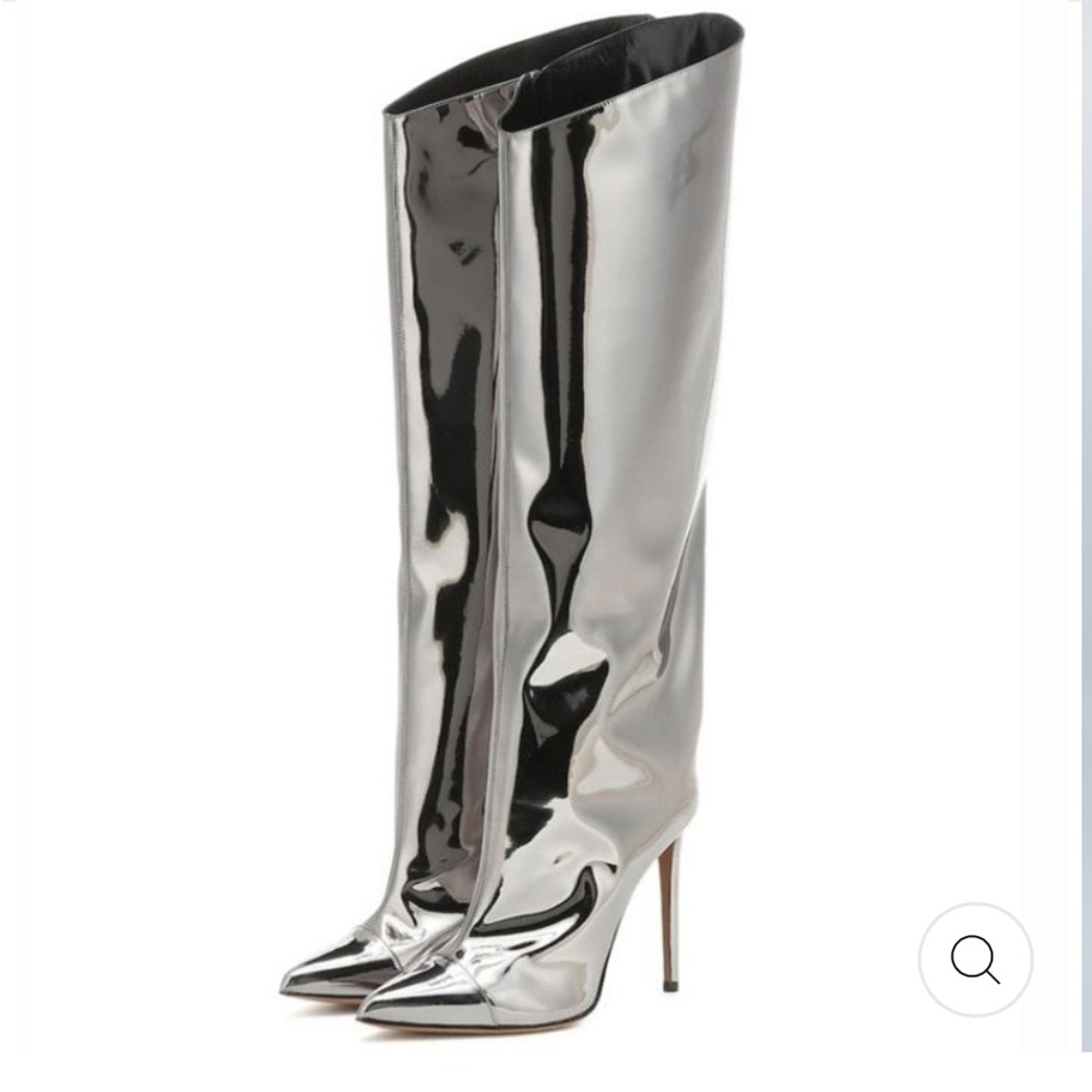 Silver Metallic Stiletto Leather Knee High Boots
